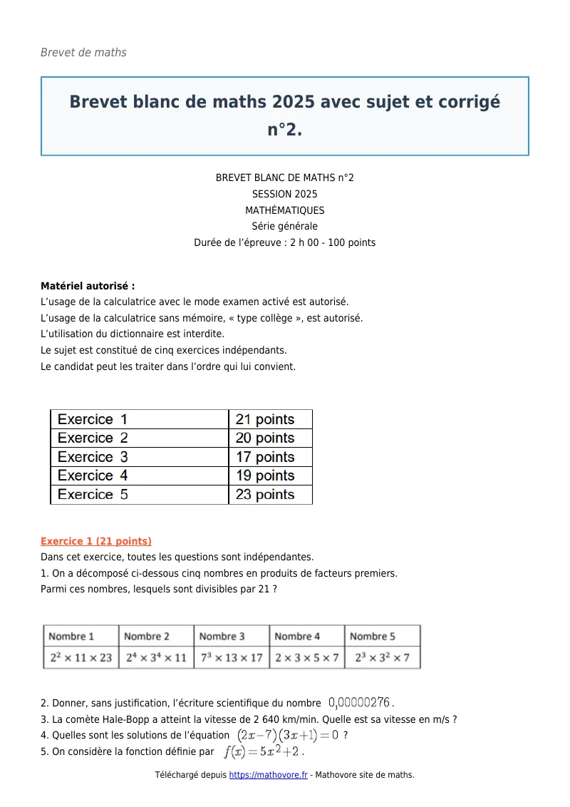 Brevet de maths : Brevet blanc 2025 avec et ? n°2 corrigé en PDF