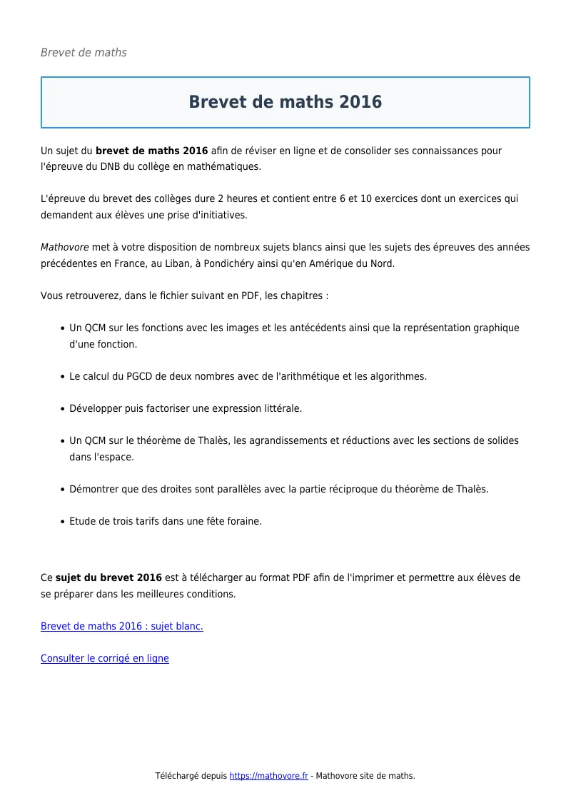 Brevet de maths : Brevet 2016 corrigé en PDF