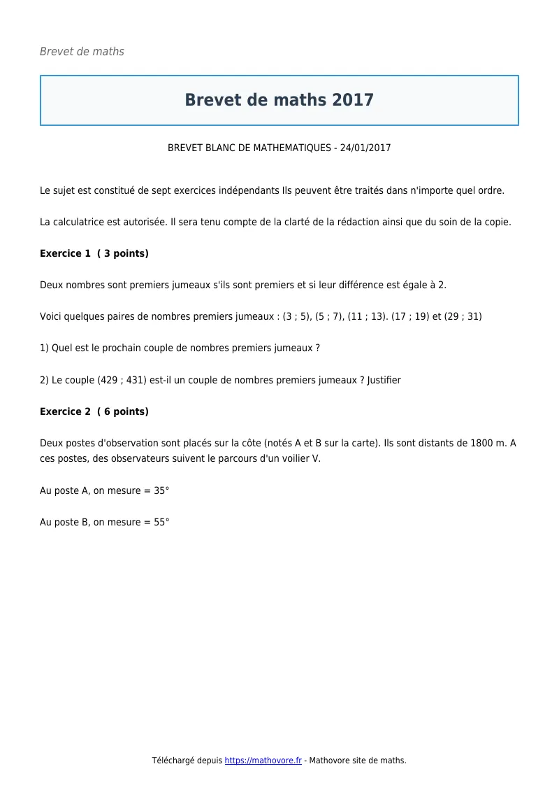 Brevet de maths : Brevet 2017 corrigé en PDF