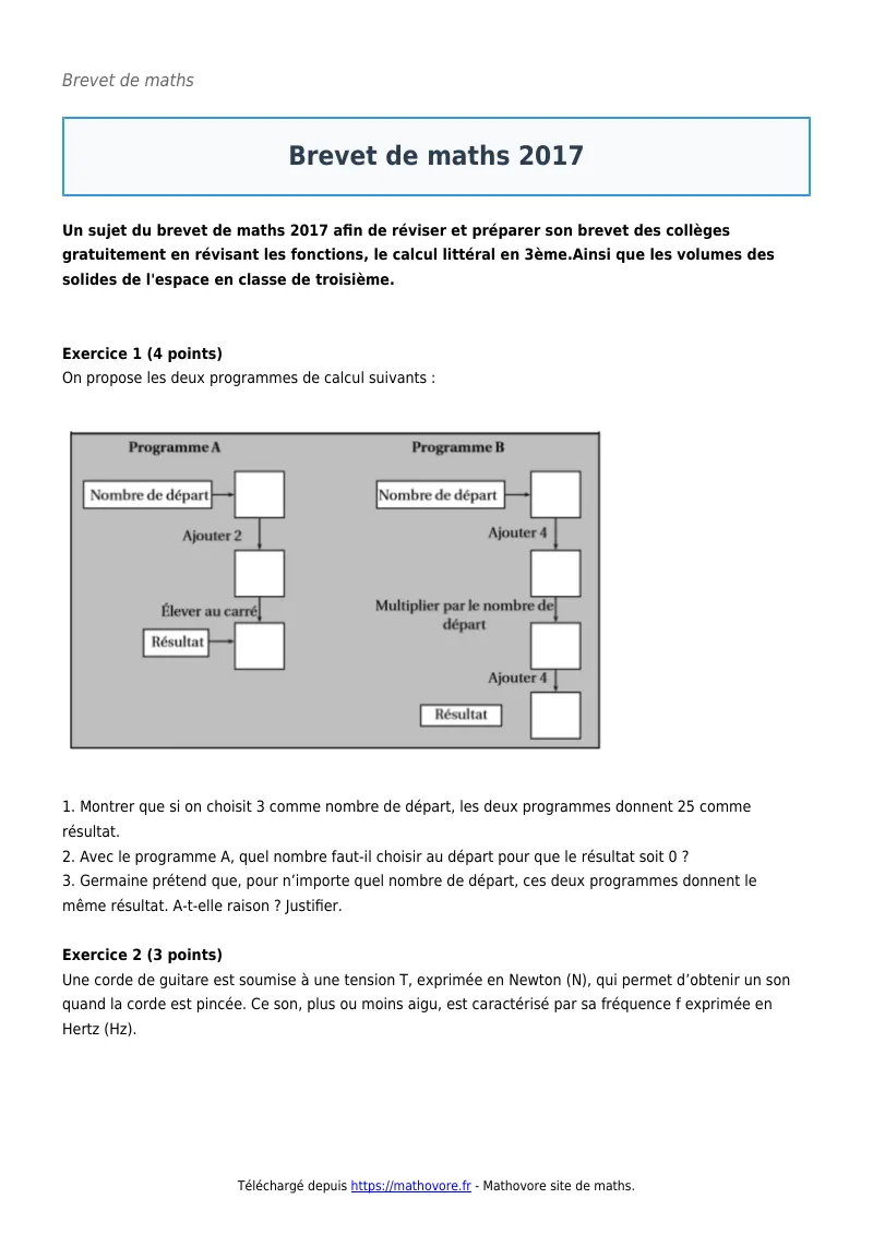 Brevet de maths : Brevet 2017 corrigé en PDF