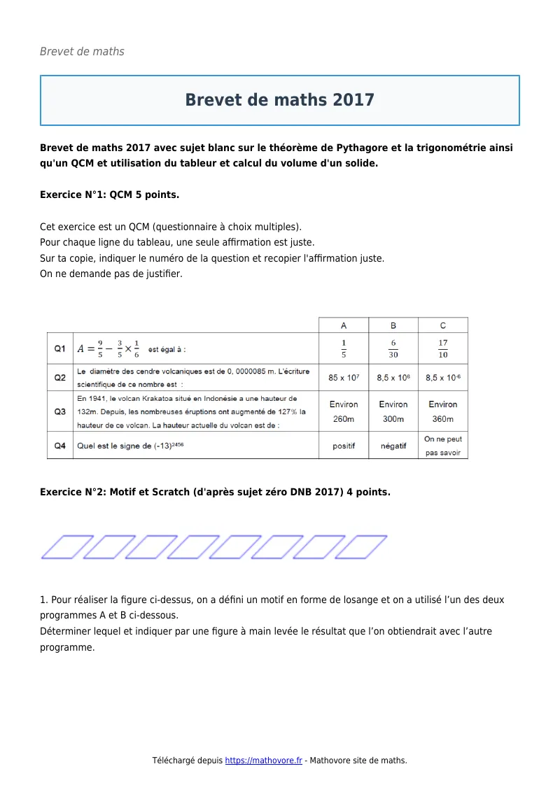 Brevet de maths : Brevet 2017 corrigé en PDF