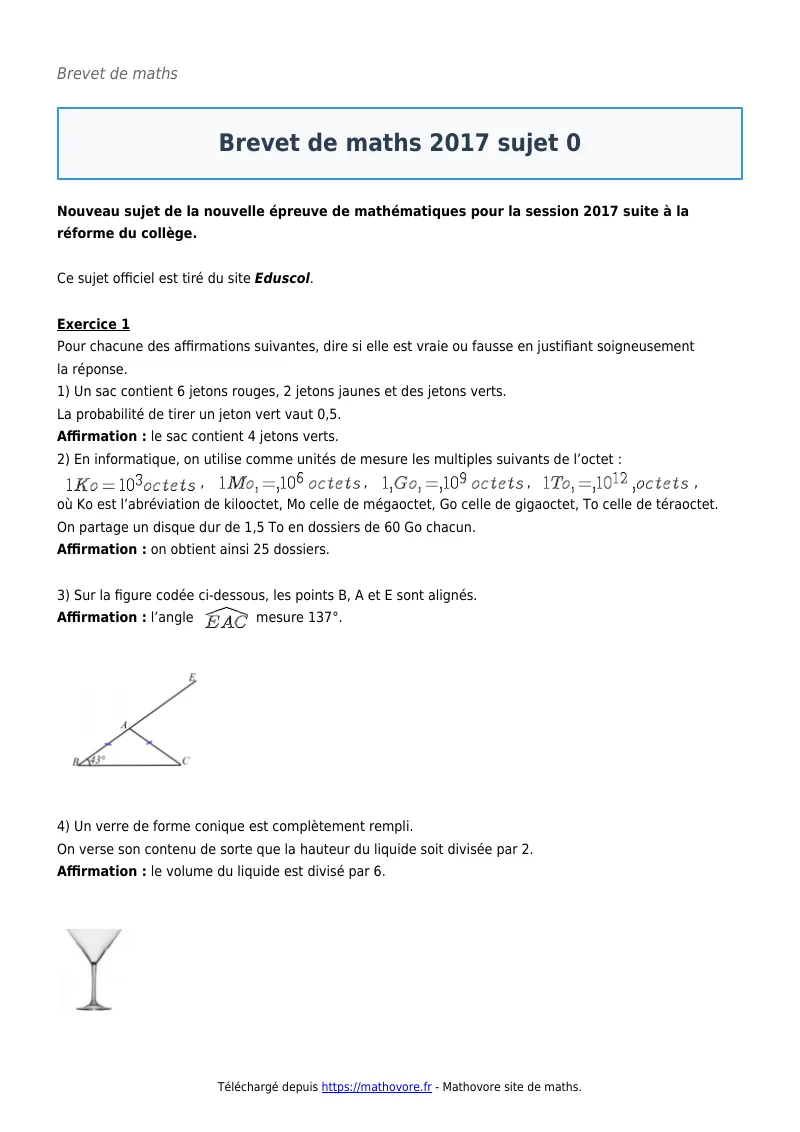 Brevet de maths : Brevet 2017 0 à télécharger corrigé en PDF