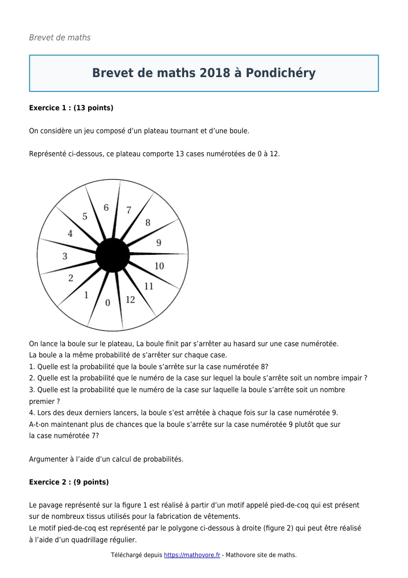 Brevet de maths : Brevet 2018 à Pondichéry corrigé en PDF