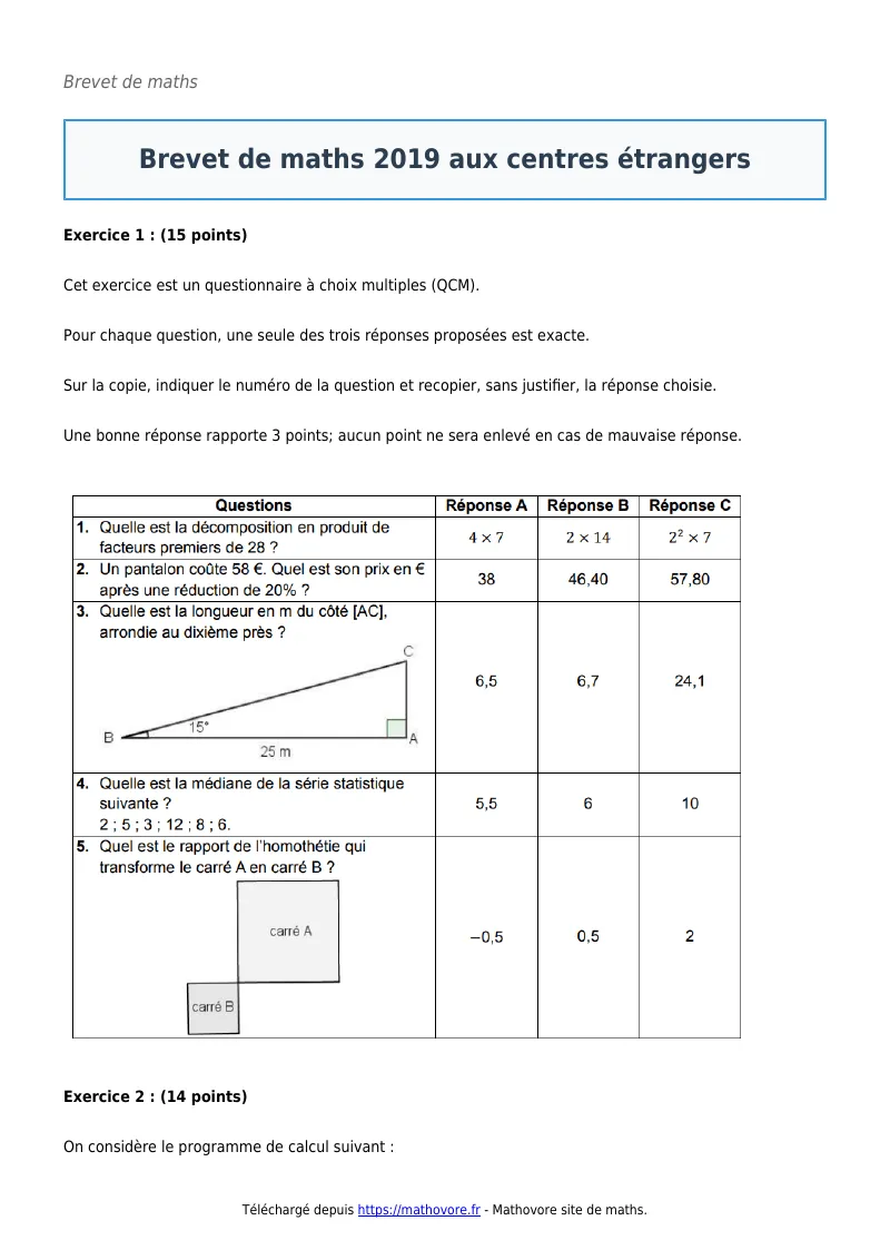 Brevet de maths : Brevet 2019 aux centres étrangers corrigé en PDF