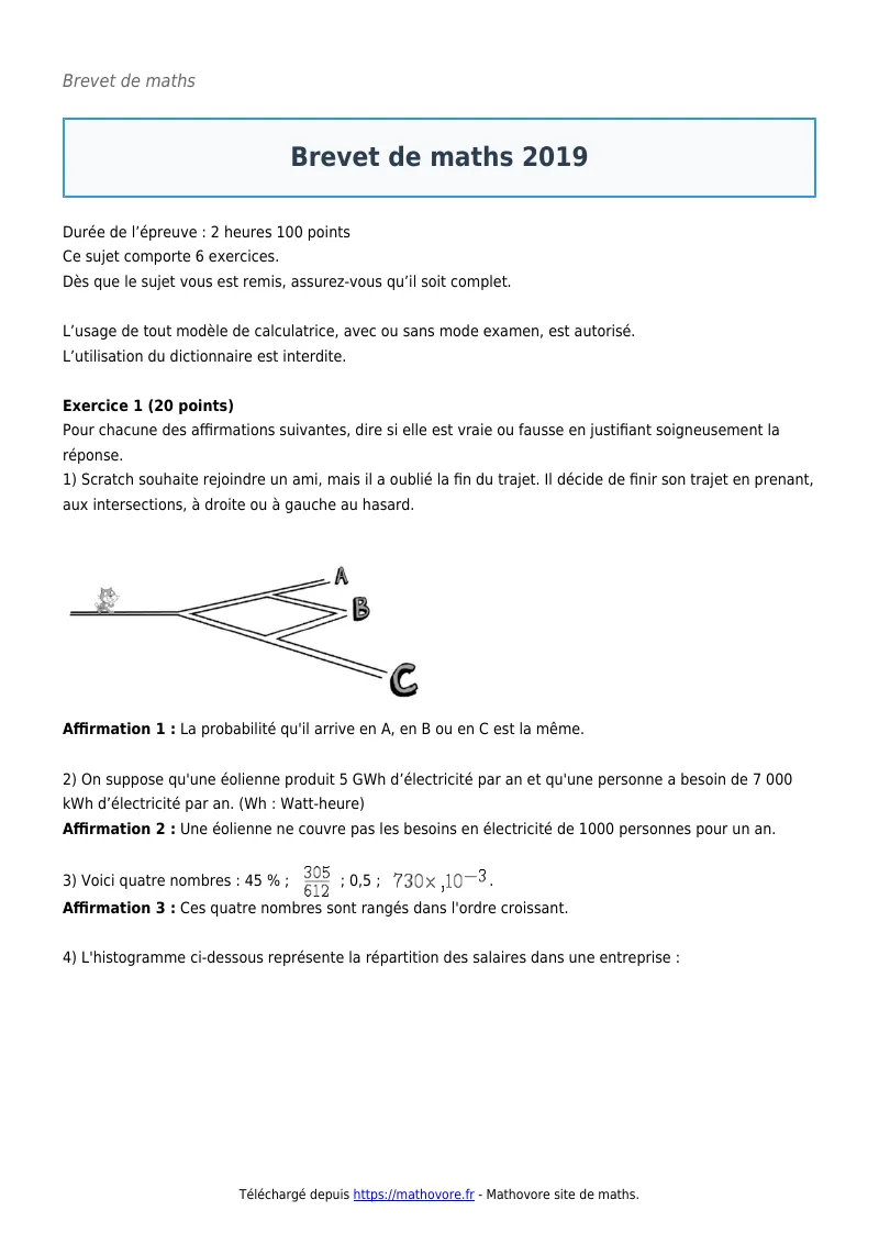 Brevet de maths : Brevet 2019 corrigé en PDF