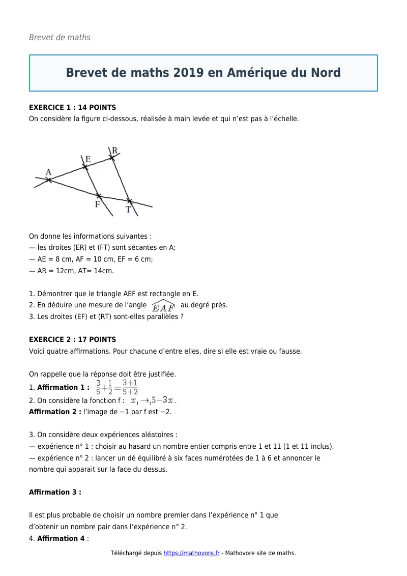 Brevet de maths : Brevet 2019 en Amérique du Nord corrigé en PDF