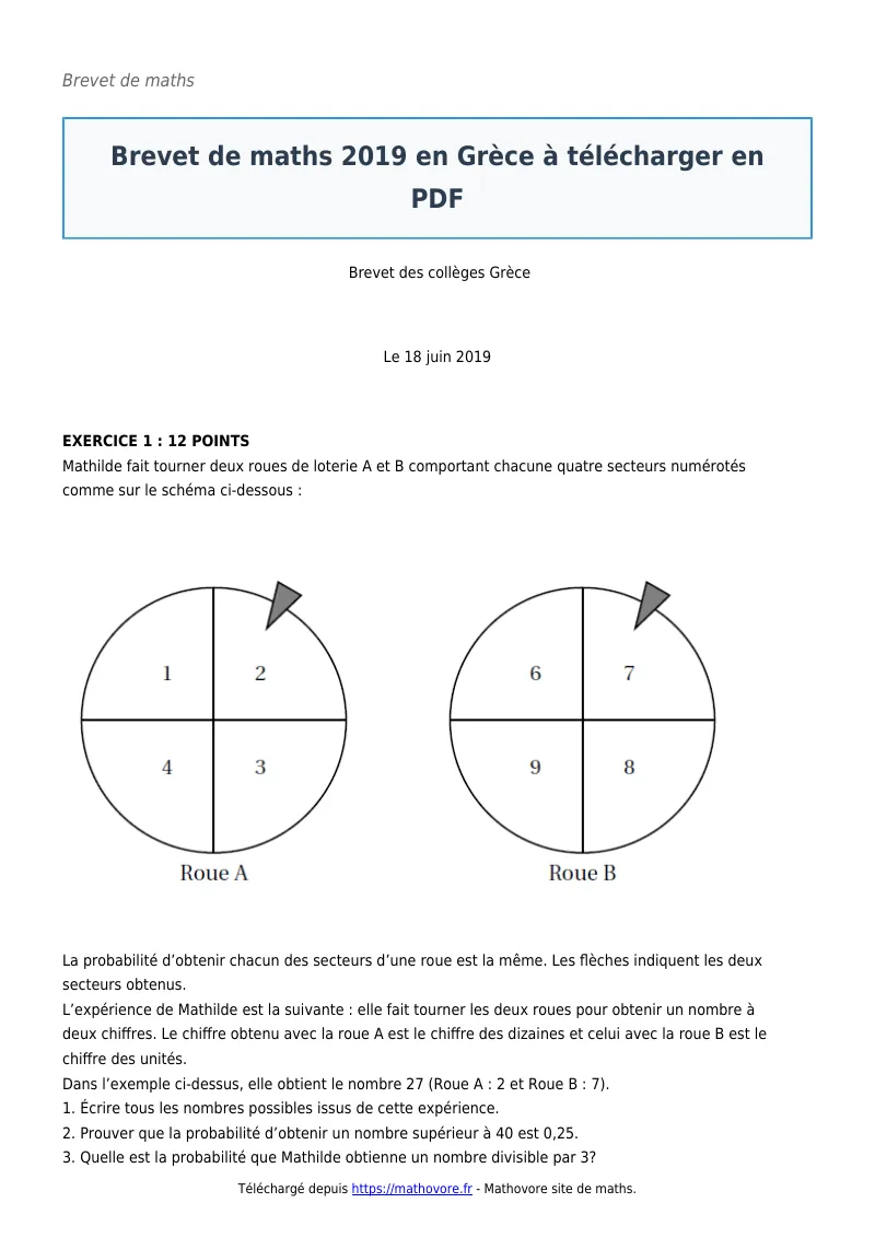 Brevet de maths : Brevet 2019 en Grèce à télécharger corrigé en PDF
