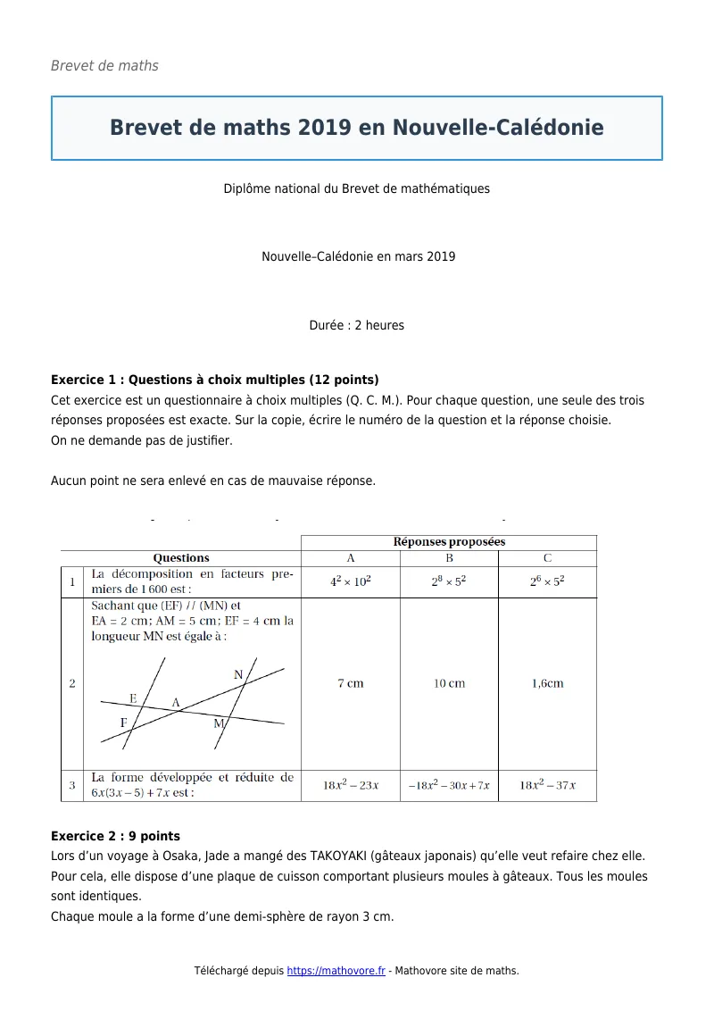 Brevet de maths : Brevet 2019 en Nouvelle-Calédonie corrigé en PDF