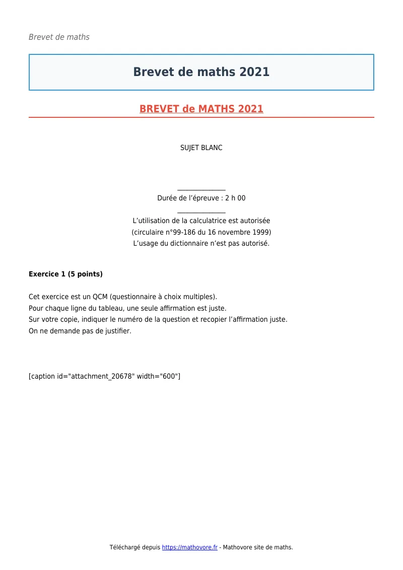 Brevet de maths : Brevet 2021 corrigé en PDF