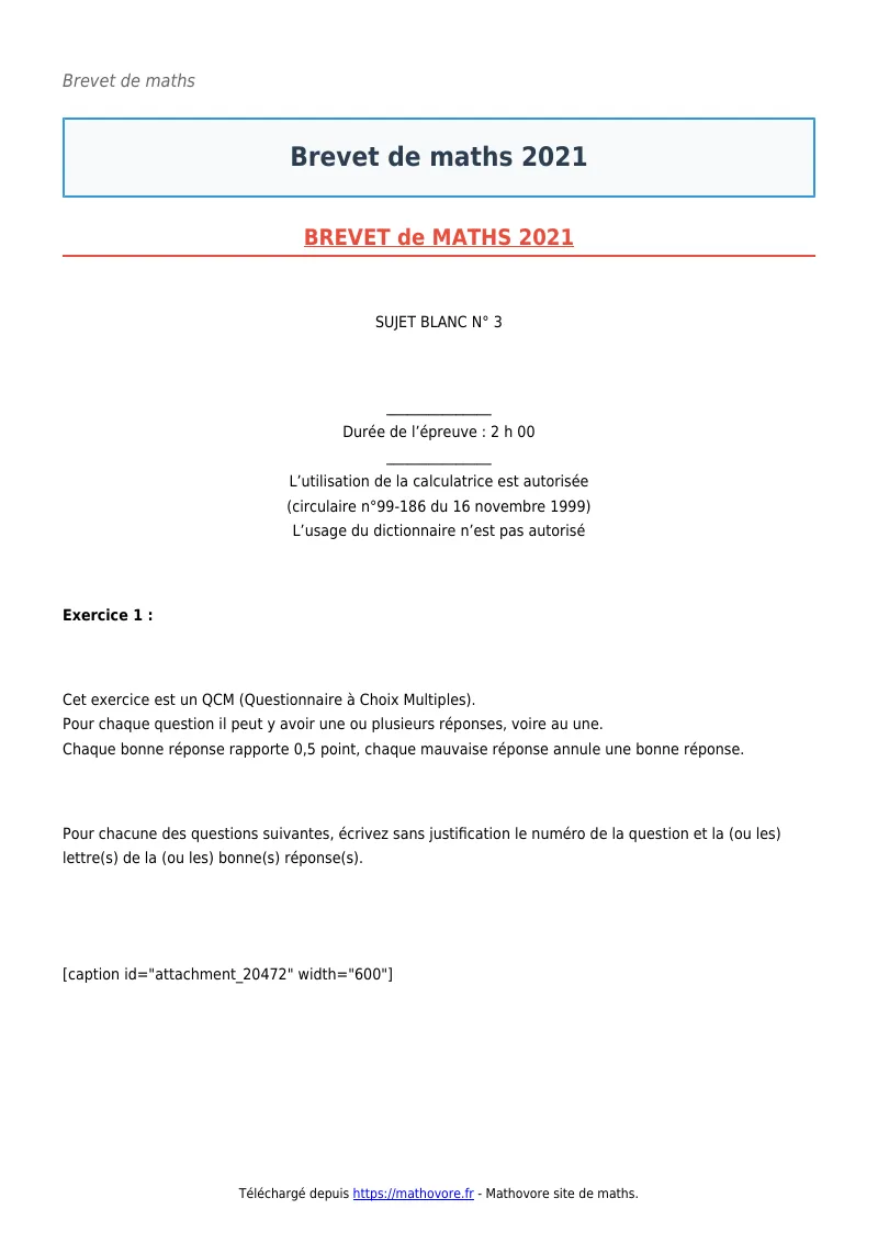 Brevet de maths : Brevet 2021 corrigé en PDF