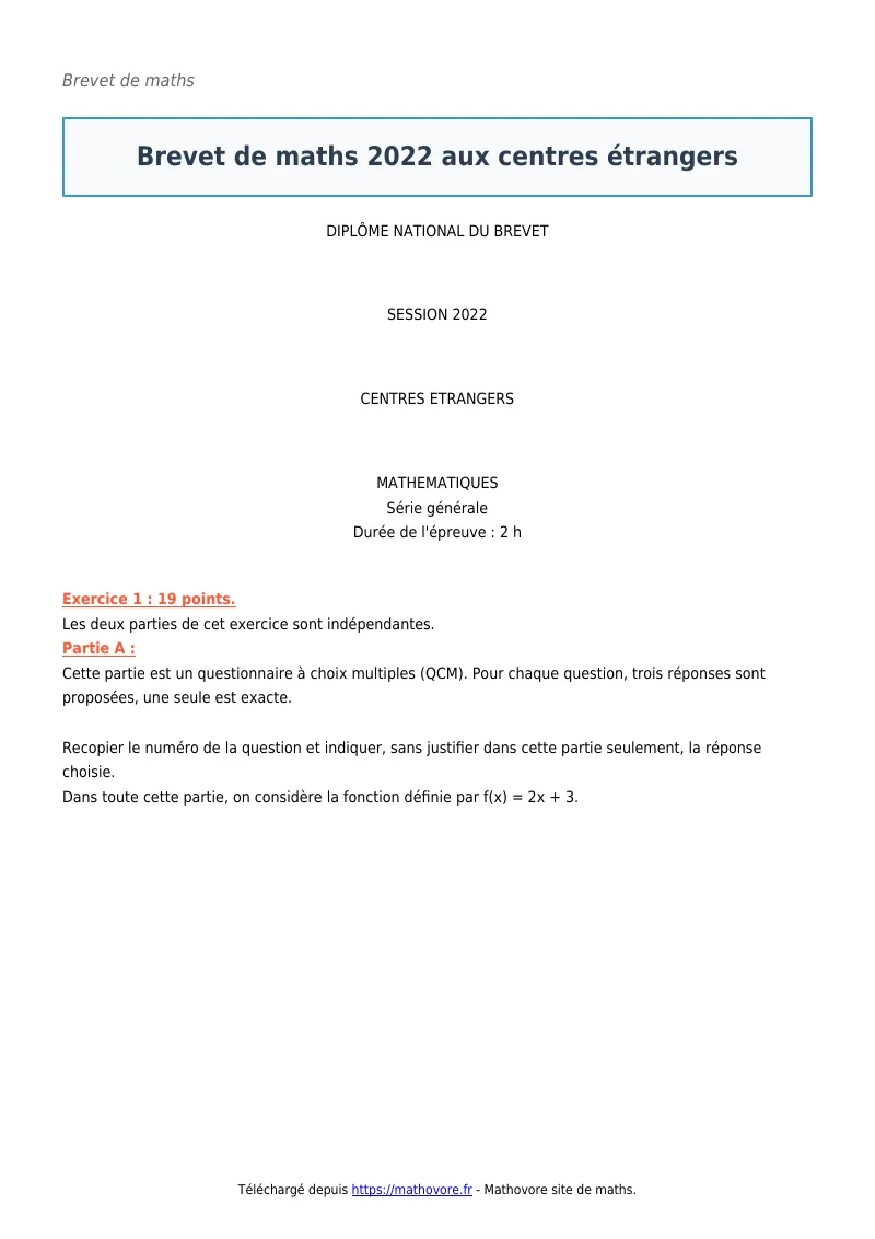 Brevet de maths : Brevet 2022 aux centres étrangers corrigé en PDF