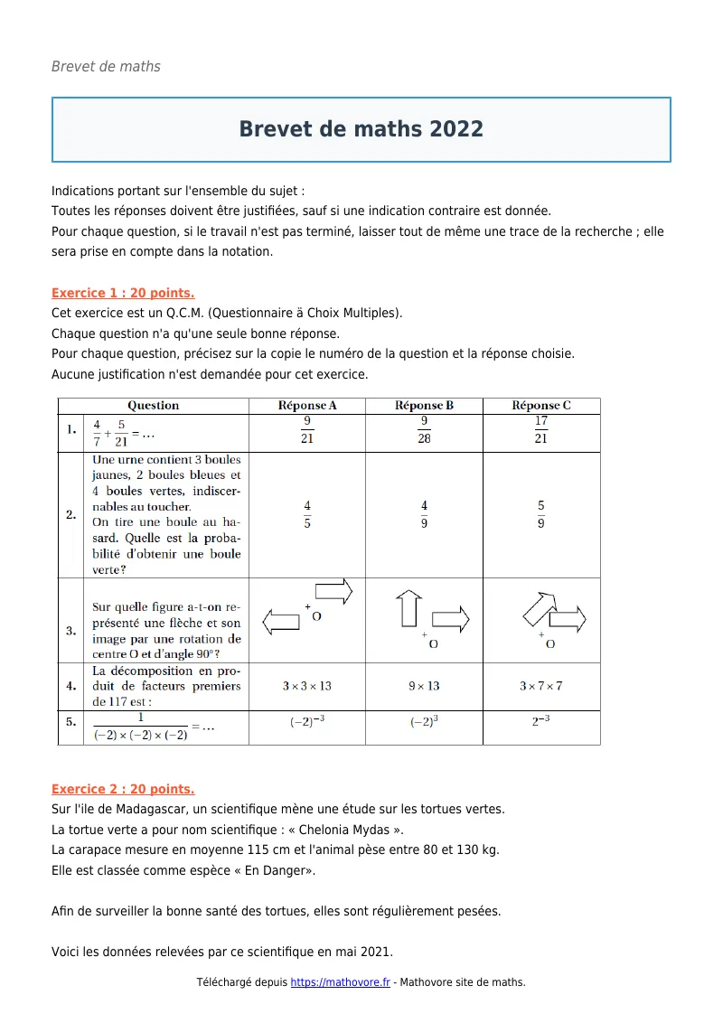 Brevet de maths : Brevet 2022 corrigé en PDF
