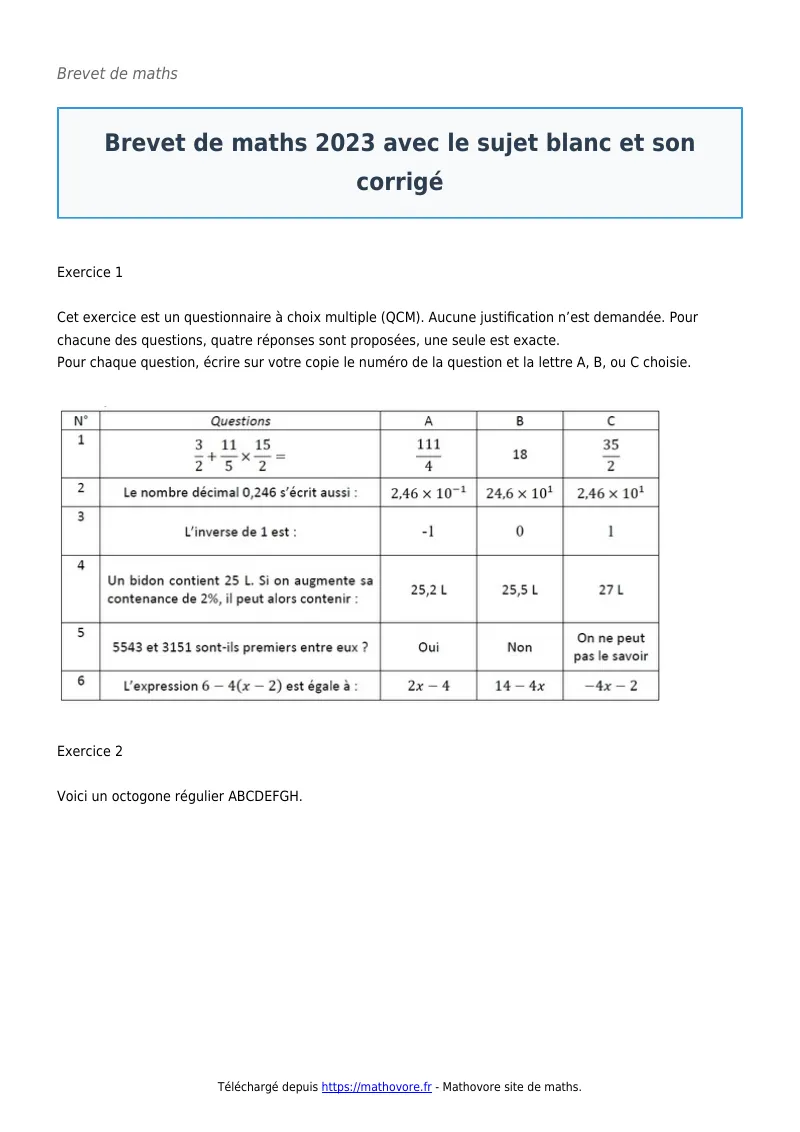 Brevet de maths : Brevet 2023 avec le blanc et son ? corrigé en PDF