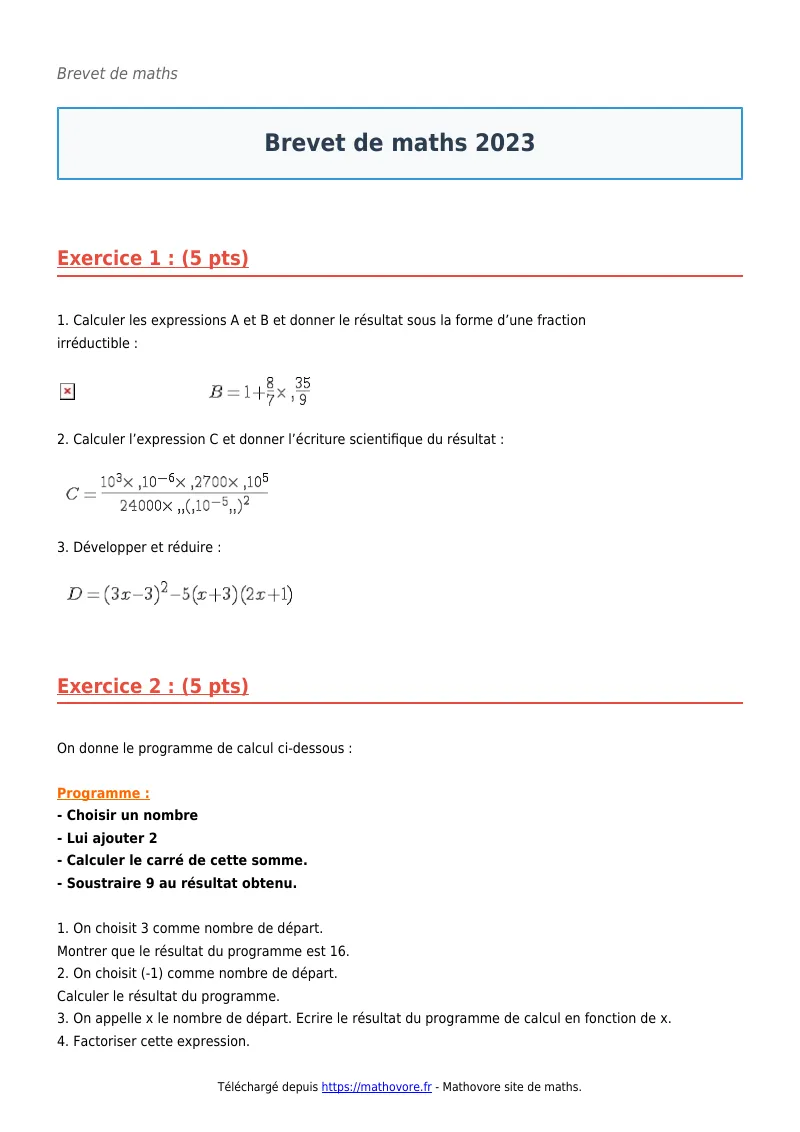 Brevet de maths : Brevet 2023 corrigé en PDF