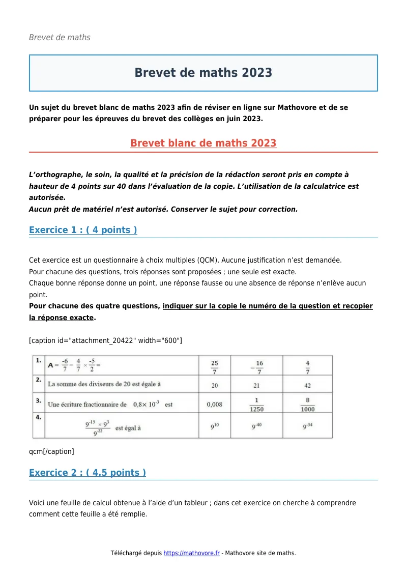 Brevet de maths : Brevet 2023 corrigé en PDF
