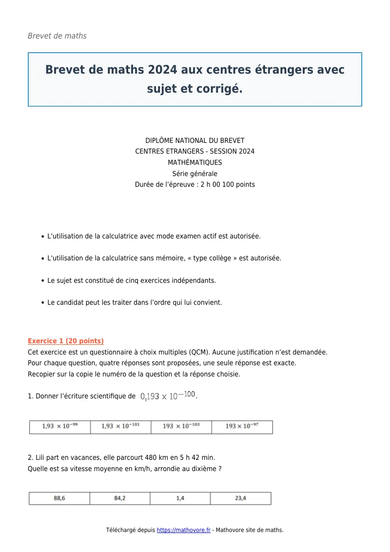 Brevet de maths : Brevet 2024 aux centres étrangers avec et ? à télécharger corrigé en PDF