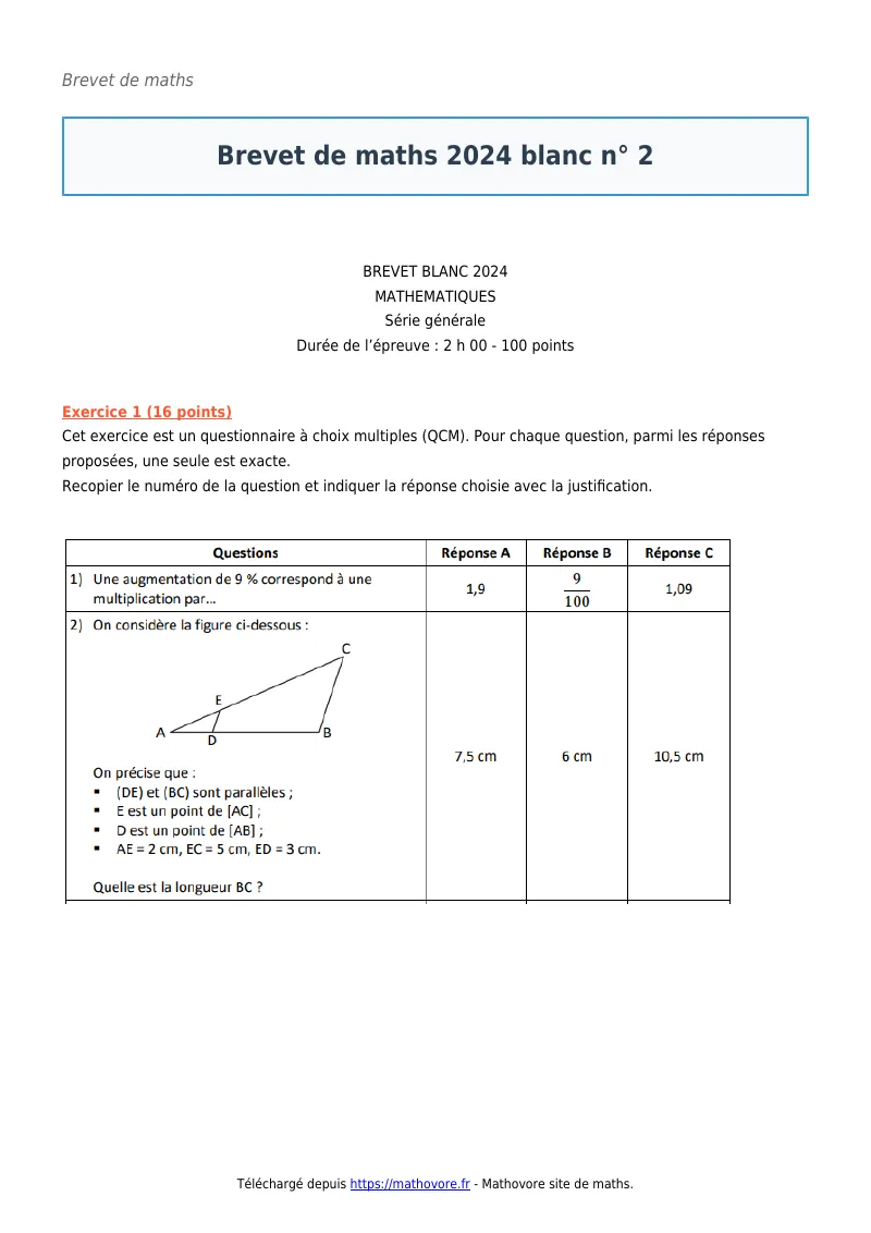 Brevet de maths : Brevet 2024 blanc n° 2 corrigé en PDF