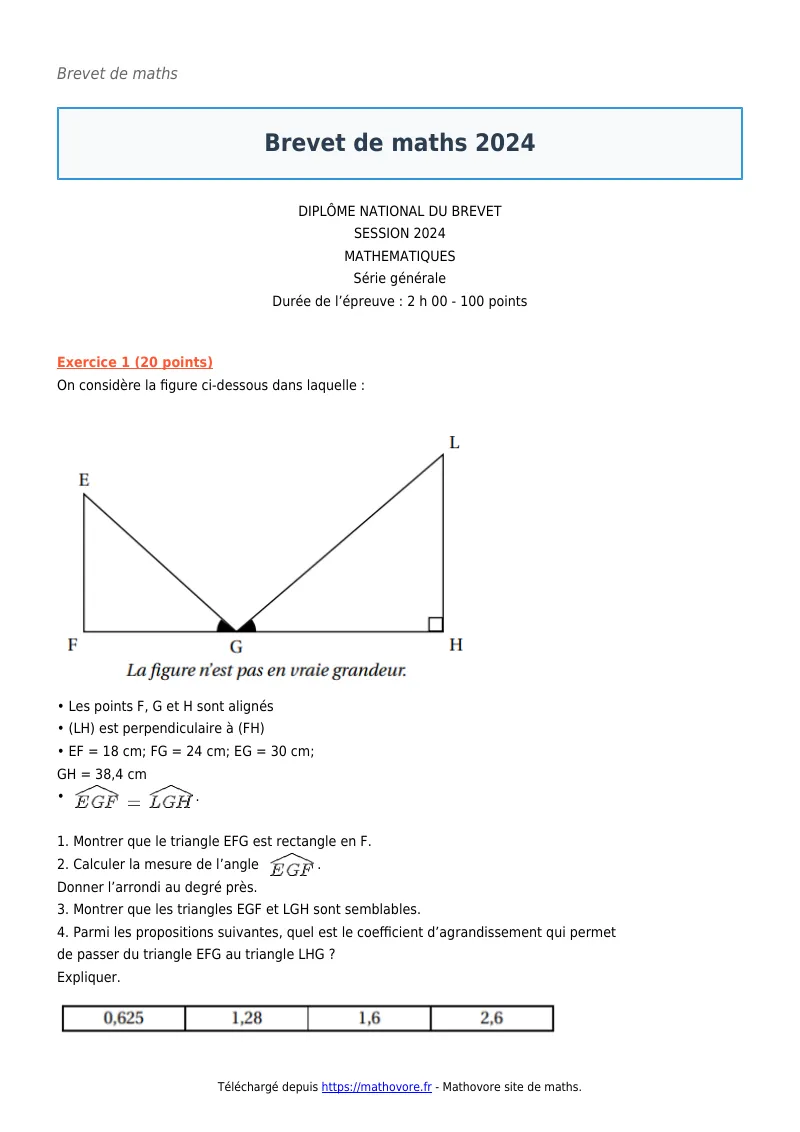 Brevet de maths : Brevet 2024 corrigé en PDF
