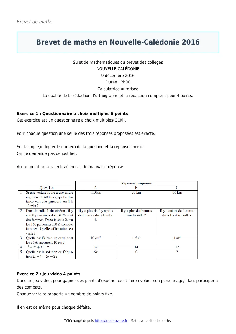 Brevet de maths : Brevet en Nouvelle-Calédonie 2016 corrigé en PDF