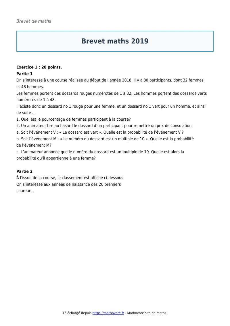 Brevet de maths : Brevet maths 2019 corrigé en PDF