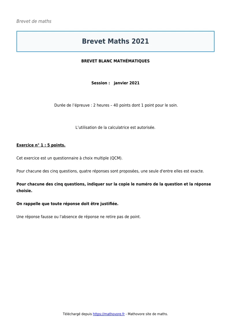 Brevet de maths : Brevet Maths 2021 corrigé en PDF