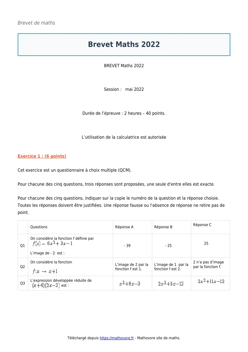 Brevet de maths : Brevet Maths 2022 corrigé en PDF
