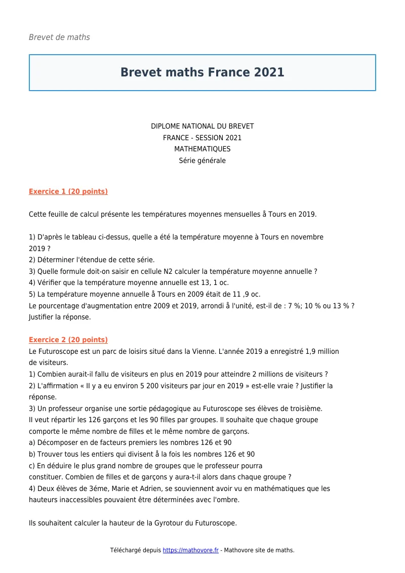 Brevet de maths : Brevet maths France 2021 corrigé en PDF