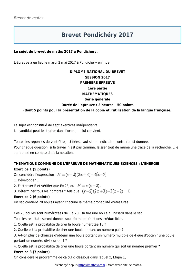 Brevet de maths : Brevet Pondichéry 2017 corrigé en PDF