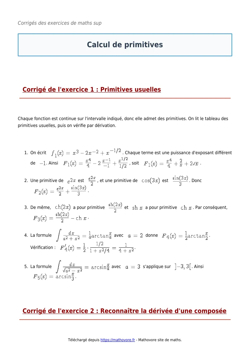 Exercices corrigés de maths en maths sup : Calcul de primitives à imprimer en PDF