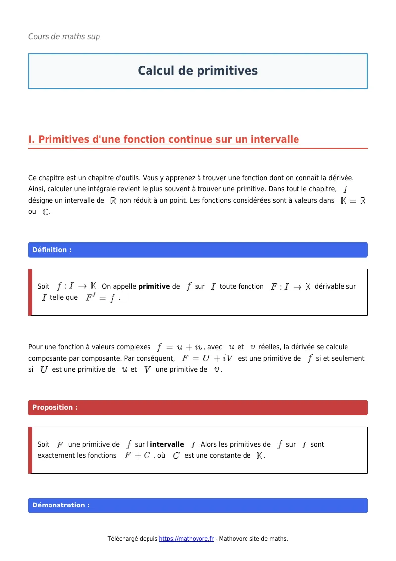 Cours de maths en maths sup : Calcul de primitives à télécharger en PDF
