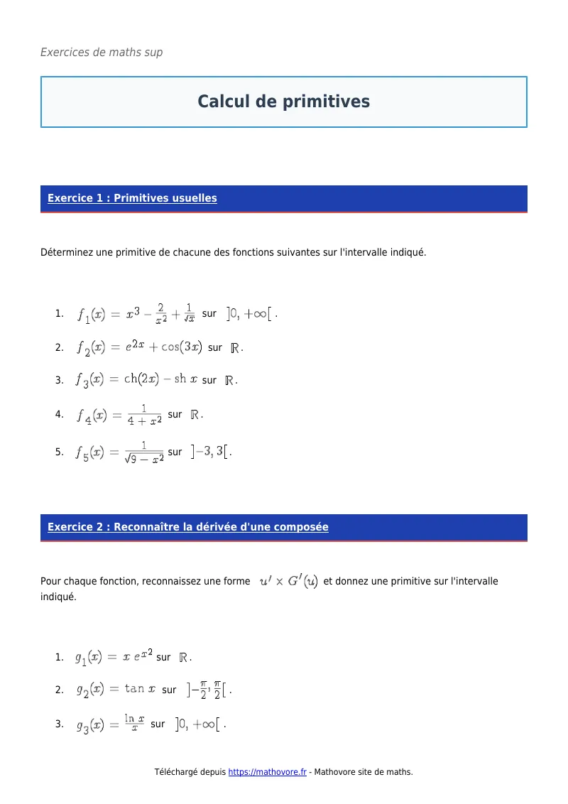 Exercices corrigés de maths en maths sup : Calcul de primitives à imprimer en PDF