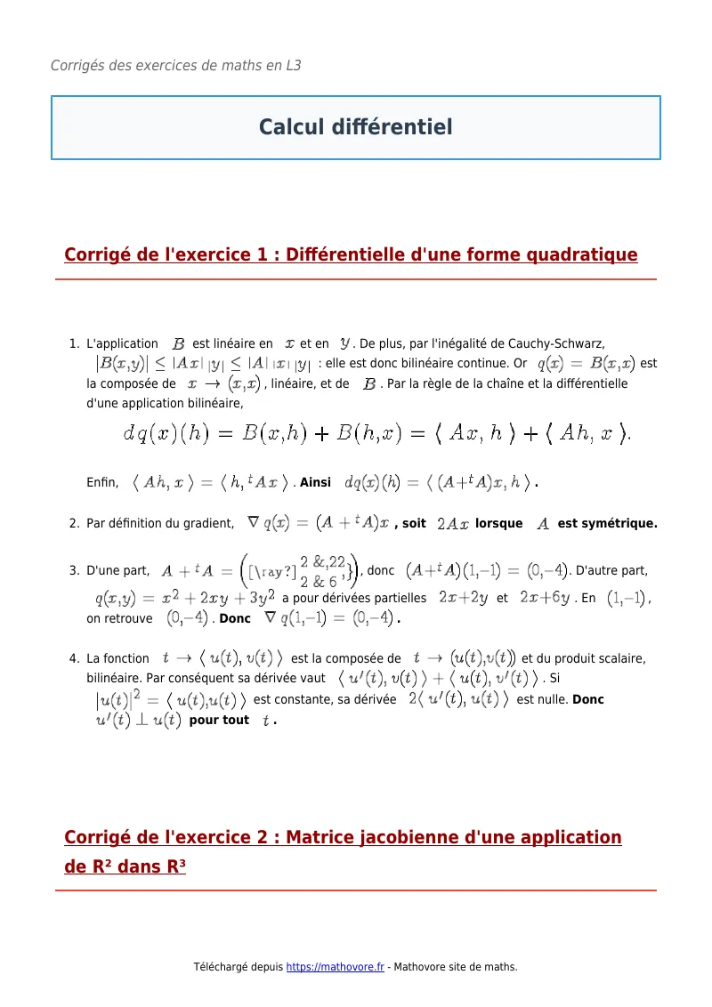 Exercices corrigés de maths en L3 : Calcul différentiel à imprimer en PDF