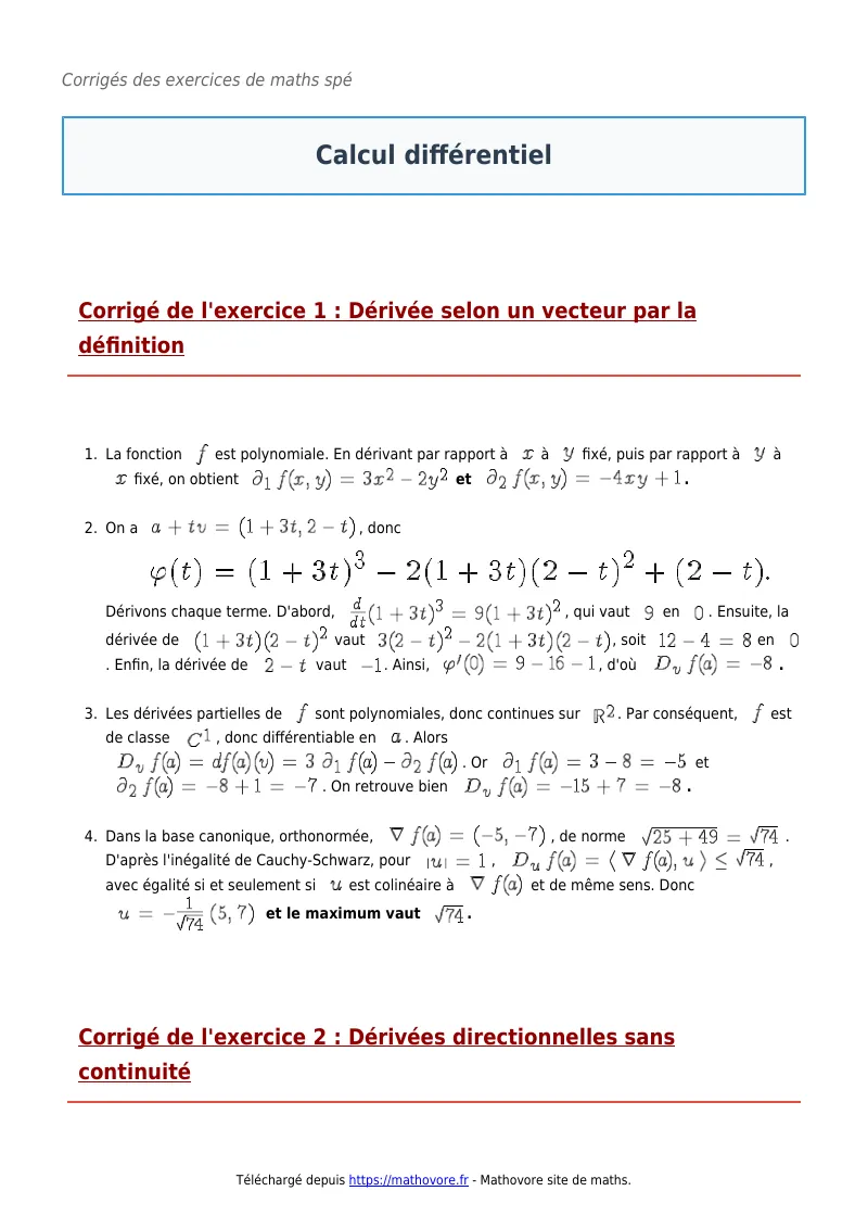 Exercices corrigés de maths en maths spé : Calcul différentiel à imprimer en PDF