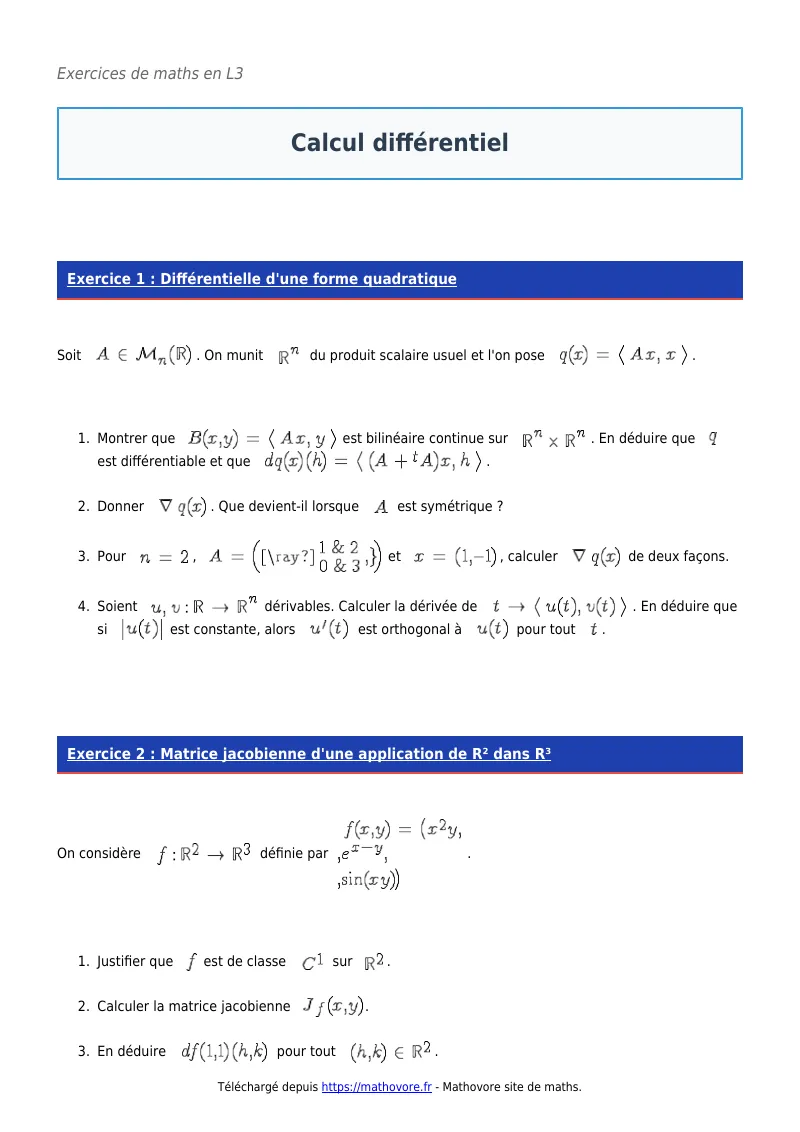 Exercices corrigés de maths en L3 : Calcul différentiel à imprimer en PDF