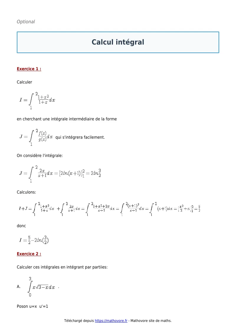 Exercices corrigés de maths en terminale : Calcul intégral à imprimer en PDF