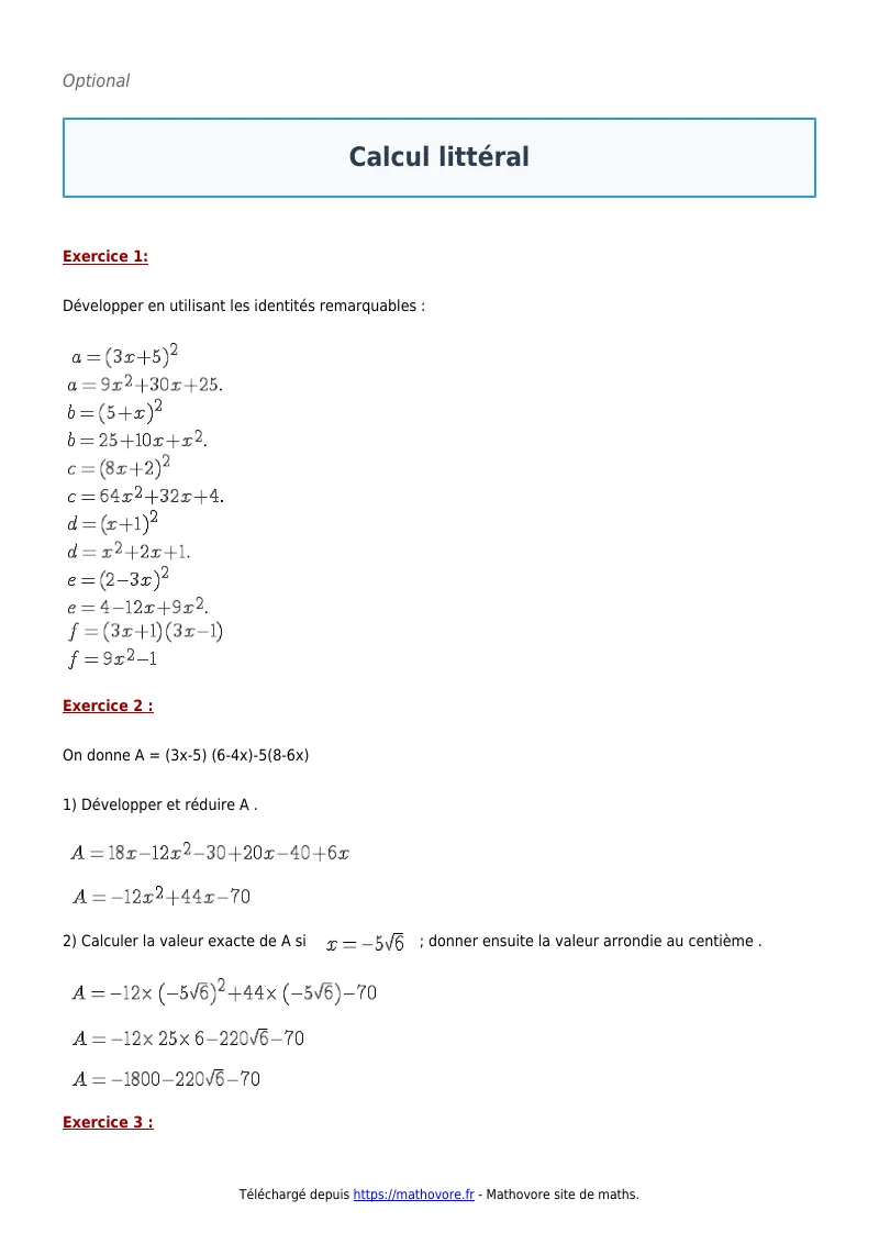 Exercices corrigés de maths en 3ème : Calcul littéral à imprimer en PDF