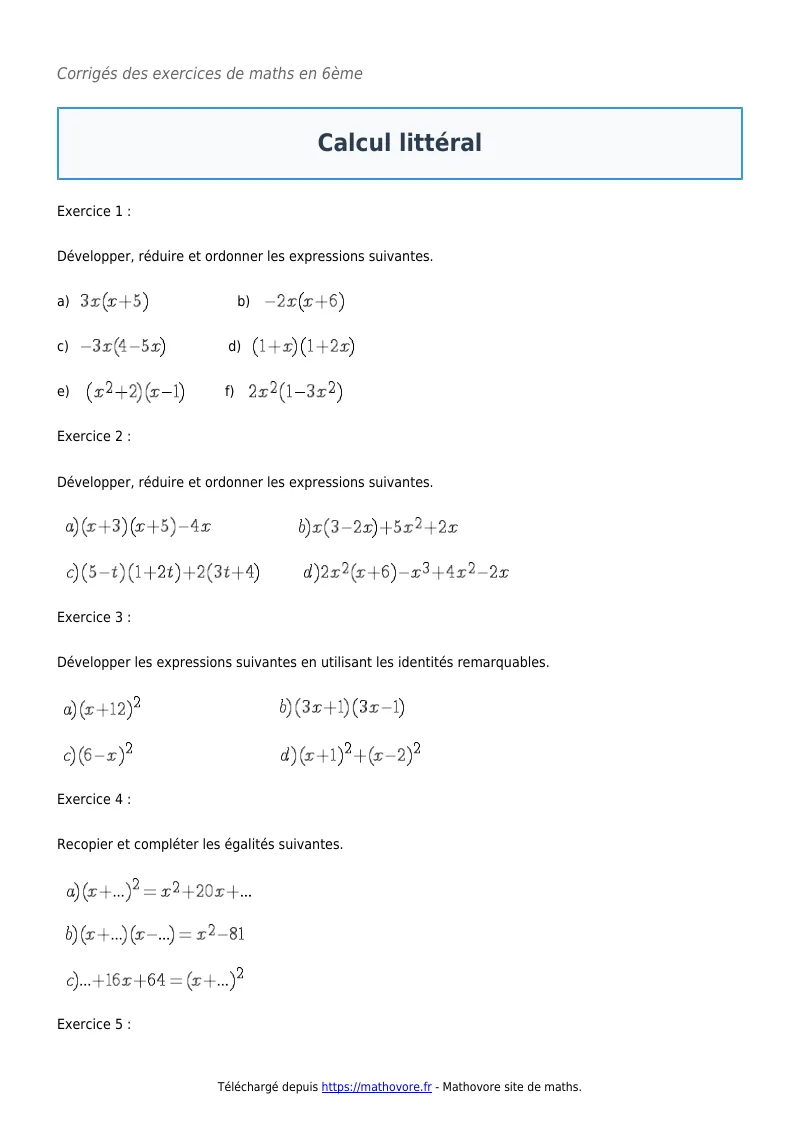 Exercices corrigés de maths en 6ème : Calcul littéral à imprimer en PDF