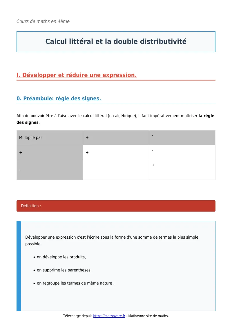 Cours de maths en 4ème : Calcul littéral et la double distributivité à télécharger en PDF
