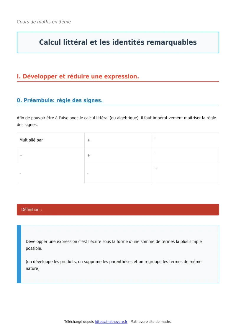 Cours de maths en 3ème : Calcul littéral et les identités remarquables à télécharger en PDF