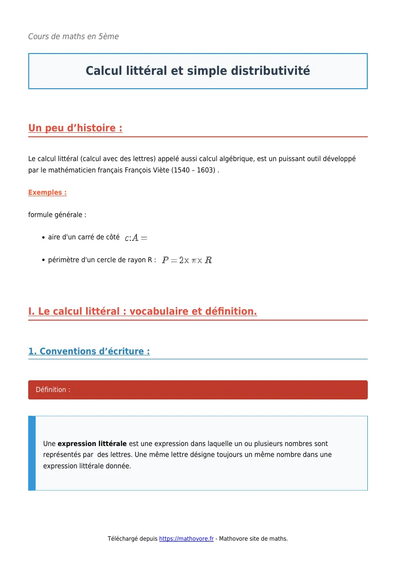Cours de maths en 5ème : Calcul littéral et simple distributivité à télécharger en PDF