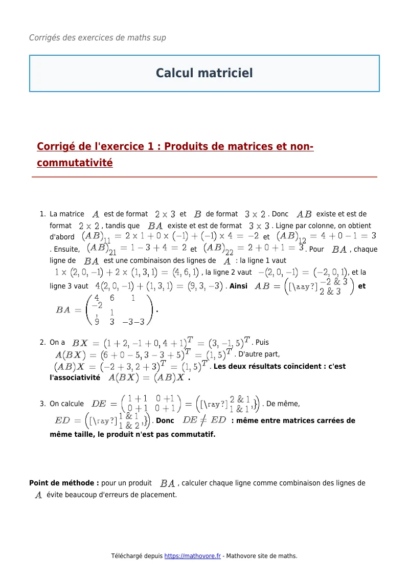 Exercices corrigés de maths en maths sup : Calcul matriciel à imprimer en PDF