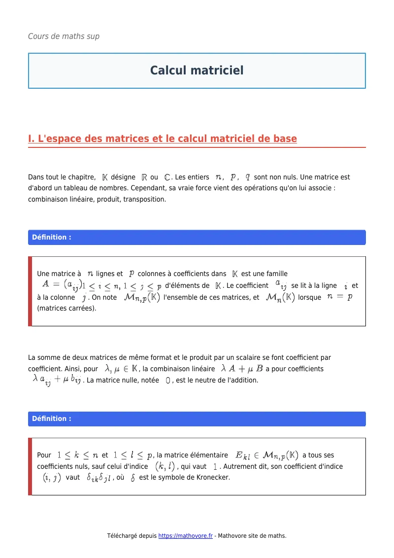 Cours de maths en maths sup : Calcul matriciel à télécharger en PDF