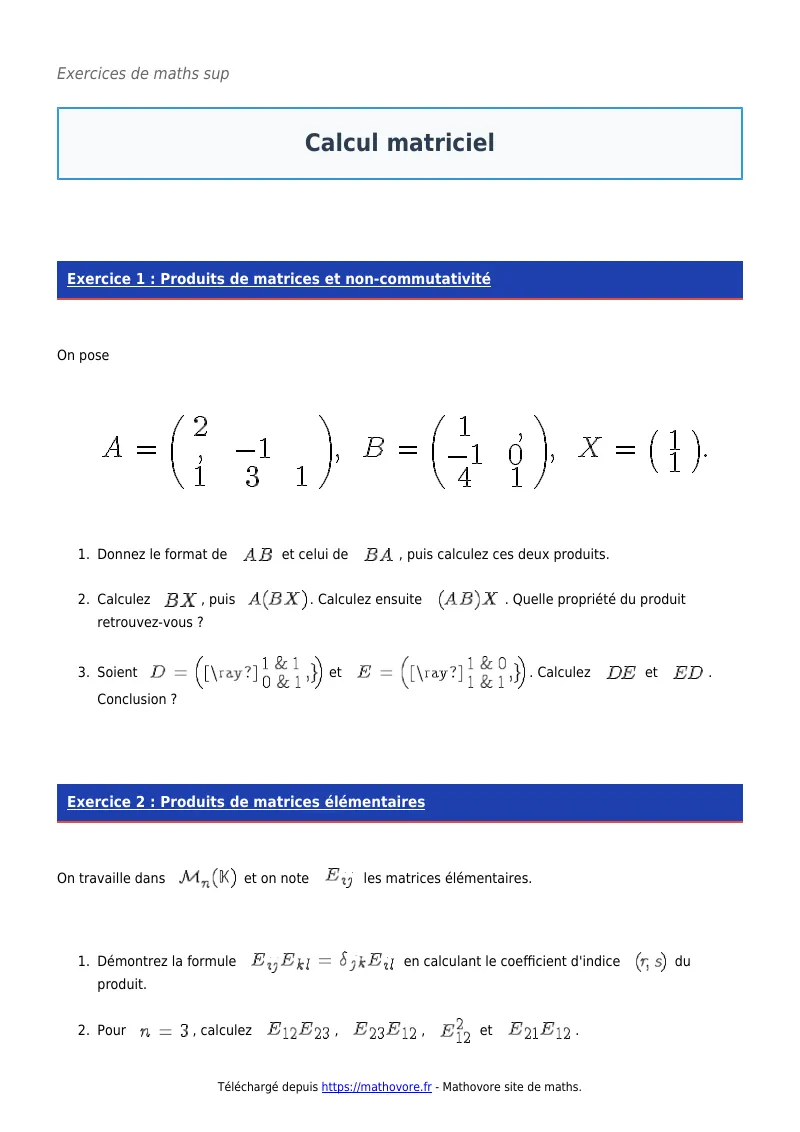Exercices corrigés de maths en maths sup : Calcul matriciel à imprimer en PDF