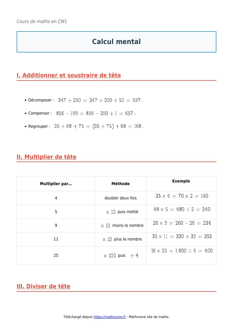 Cours de maths en CM1 : Calcul mental à télécharger en PDF