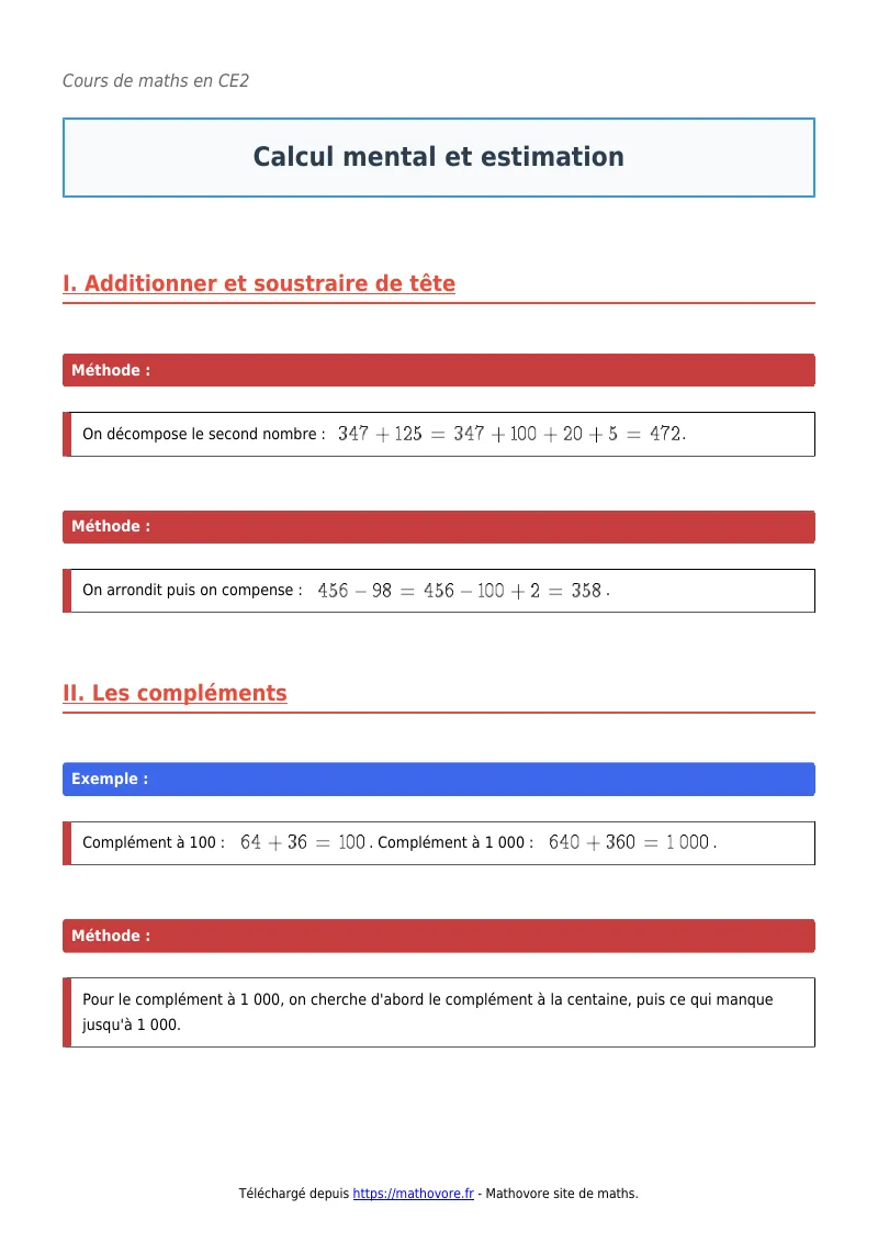 Cours de maths en CE2 : Calcul mental et estimation à télécharger en PDF