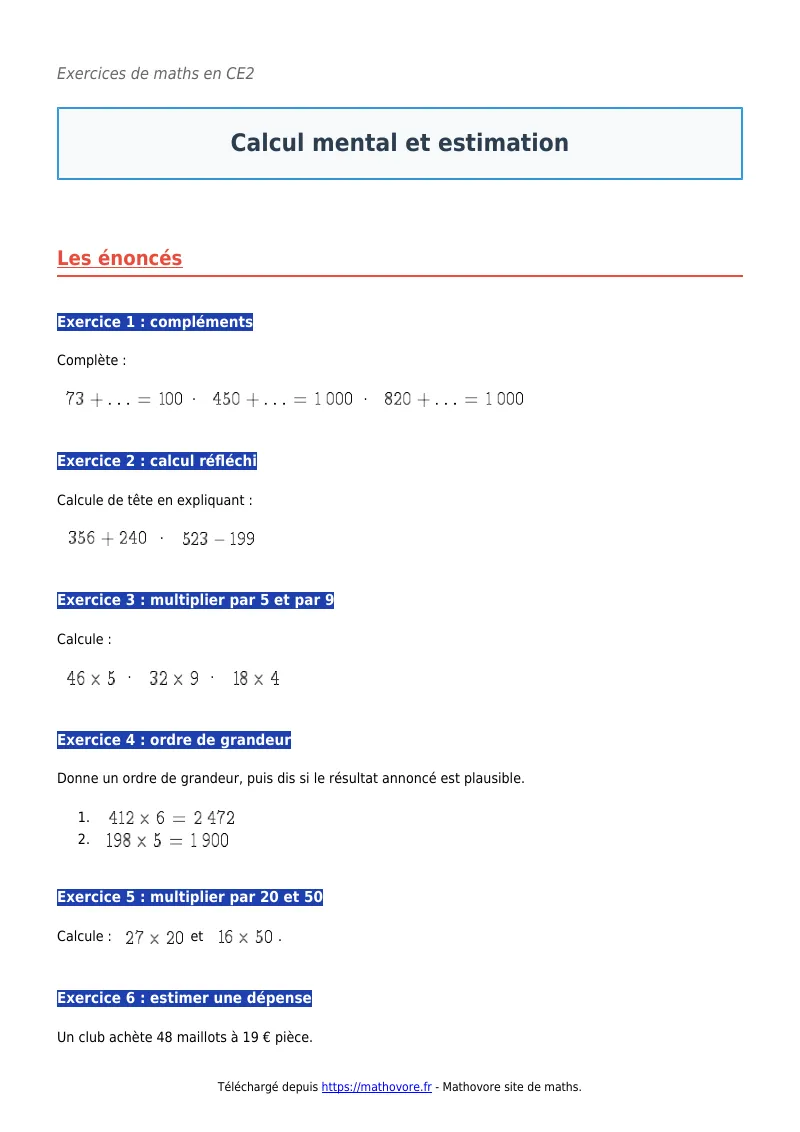 Exercices corrigés de maths en CE2 : Calcul mental et estimation à imprimer en PDF