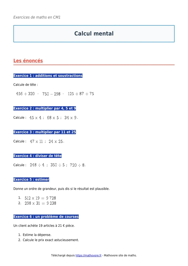 Exercices corrigés de maths en CM1 : Calcul mental à imprimer en PDF