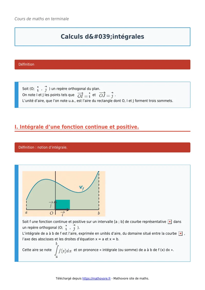 Cours de maths en terminale : Calculs d’intégrales à télécharger en PDF