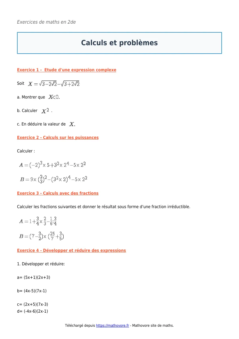 Exercices corrigés de maths en seconde : Calculs et problèmes à imprimer en PDF