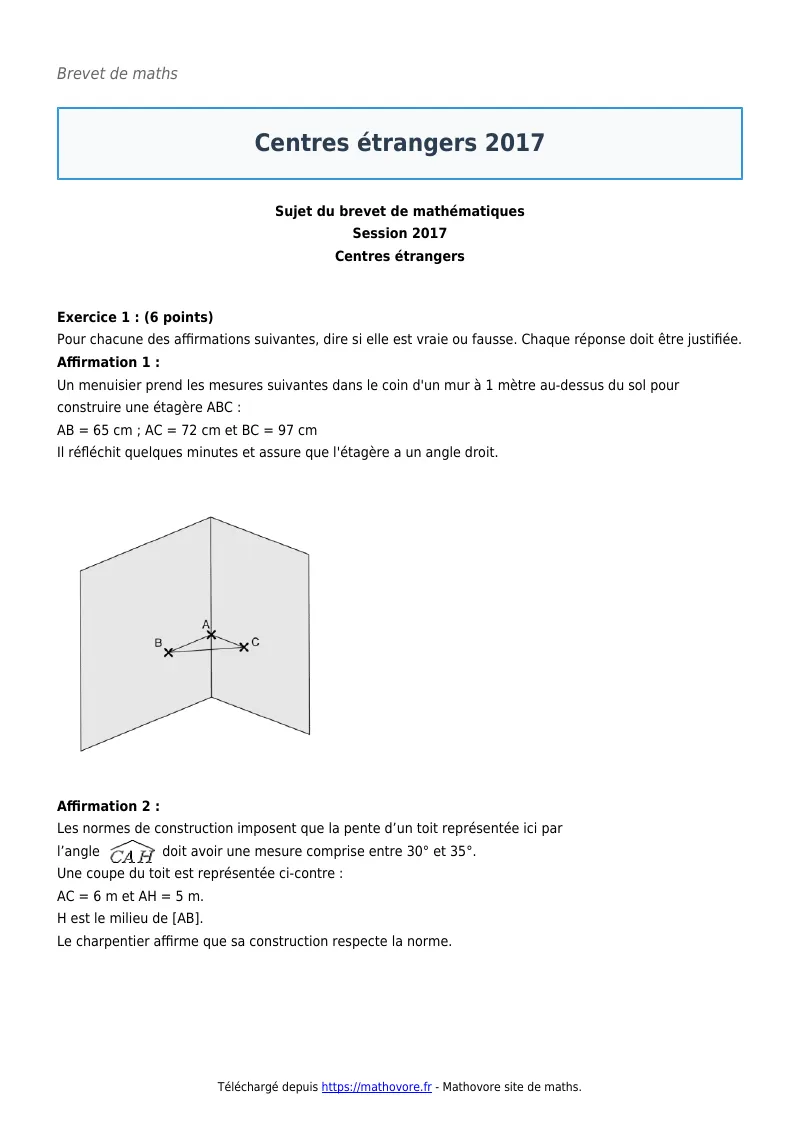 Brevet de maths : Centres étrangers 2017 corrigé en PDF